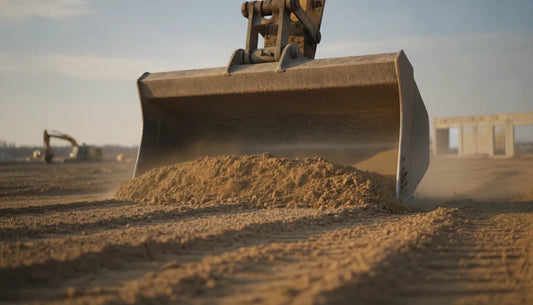 Skid steer loader with a low profile long bottom bucket finishing a grade on a construction site
