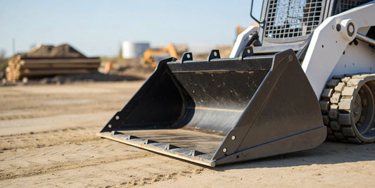 Low profile skid steer bucket performing precision grading and leveling on a job site.