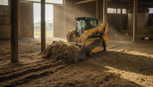 Skid steer using a manure fork attachment on a farm