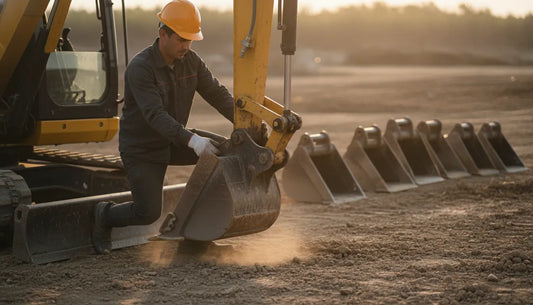 Mini excavator buckets of several widths positioned on a dirt job site for compatibility checking before fitting
