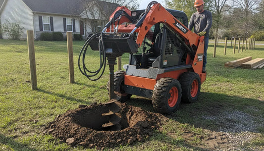 Mini skid steer loader with hydraulic auger attachment drilling a fence post hole in soil