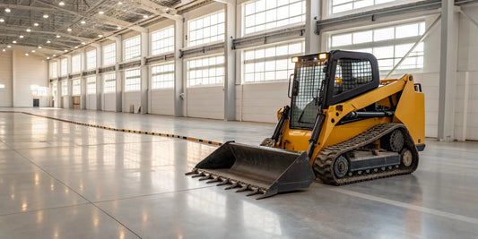 A mini skid steer trencher for sale, mounted on a compact loader.