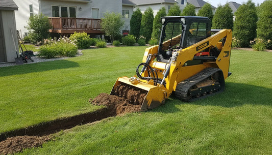 Mini skid steer loader with trencher attachment digging a trench in a residential backyard