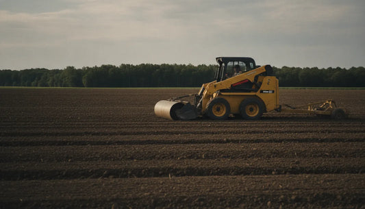 Skid steer seeder attachment working across a prepared field