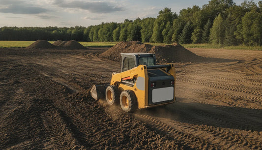 Skid steer loader using a bucket on a rural worksite