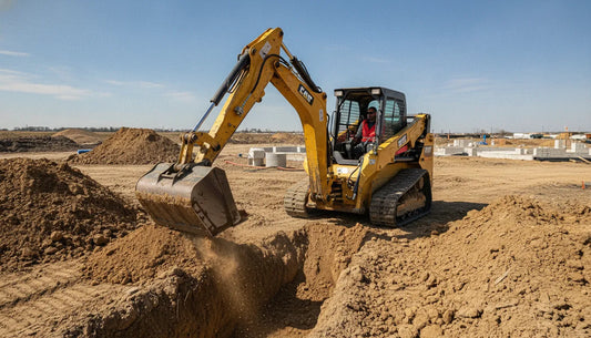 Skid steer loader with backhoe attachment digging a trench on a construction site
