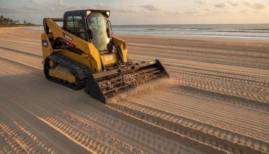 Skid steer beach cleaner attachment grooming coastal sand