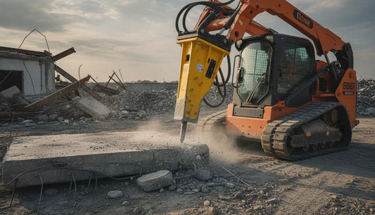 Heavy machinery skid steer loader with hydraulic concrete breaker hammer attachment active on demolition site