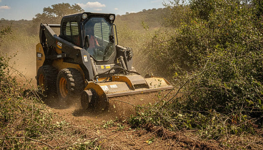 Skid steer with brush cutter attachment clearing vegetation on a job site