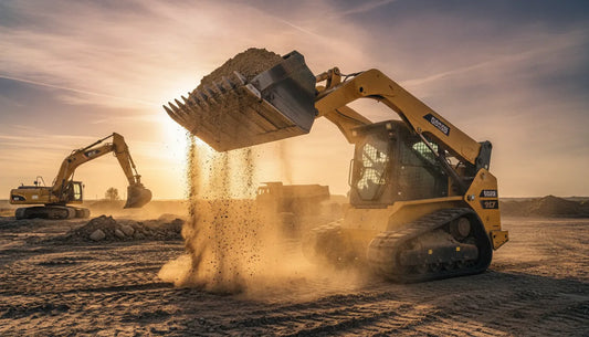 Skid steer loader with a heavy-duty toothed bucket attachment digging into excavated soil on a construction job site