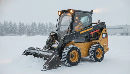 Skid steer with cab enclosure in snowy winter conditions