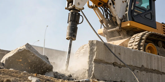 A skid steer with a concrete breaker attachment demolishing a concrete wall.