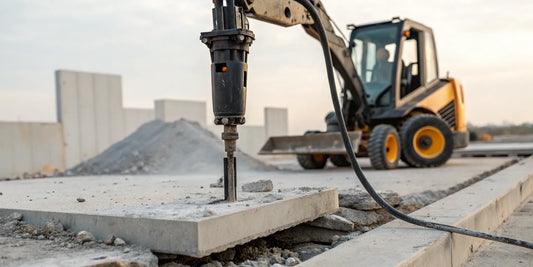 A skid steer using a concrete breaker attachment on a concrete slab.
