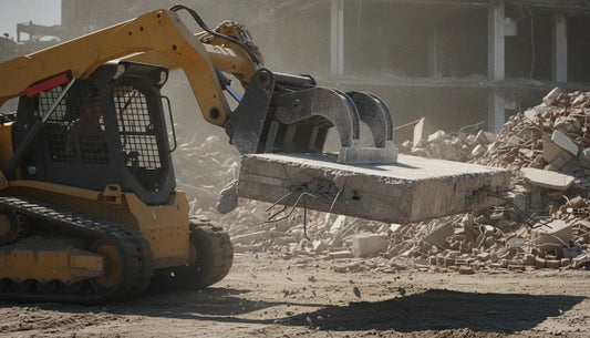 A yellow skid steer loader operating a heavy-duty concrete claw attachment on a construction demolition site.