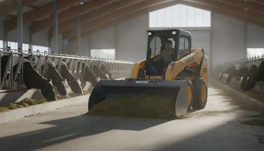 Heavy-duty skid steer feed pusher attachment pushing silage along a dairy barn feed bunk