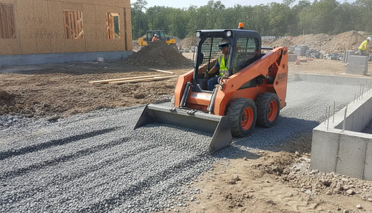 Skid steer loader with grading attachment leveling gravel on a construction job site