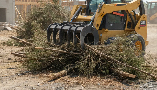 Skid steer loader with heavy-duty grapple attachment clamping brush and logs on a construction job site