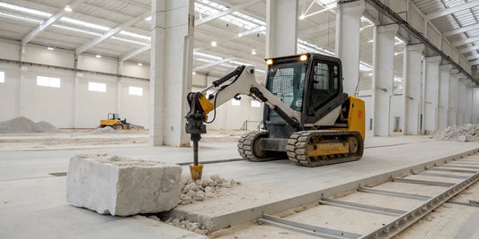 A skid steer jack hammer for sale breaking up a concrete slab.