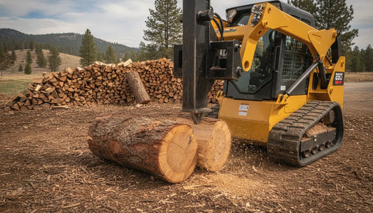 Skid steer loader with an inverted hydraulic log splitter attachment splitting a large log into firewood pieces on a rural worksite