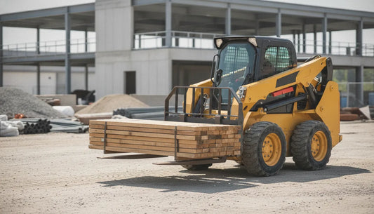 Skid steer loader carrying a pallet with a pallet fork attachment