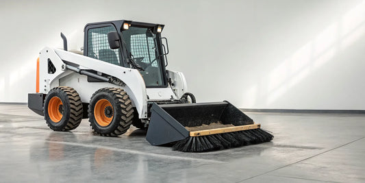 Skid steer pickup broom with dump bucket attachment.