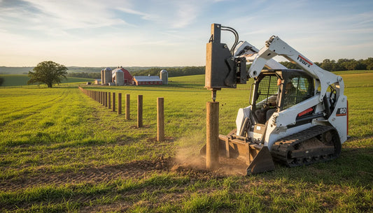Skid steer using a hydraulic post driver to install a fence post