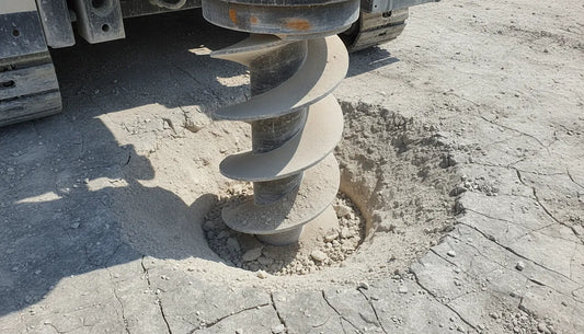 Skid steer rock auger boring into fractured bedrock on a construction site