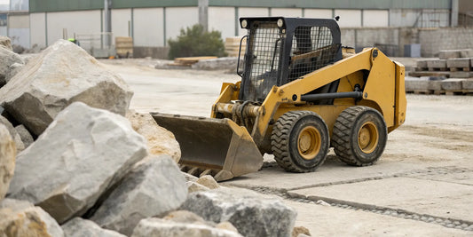 Skid steer using a rock grapple to clear large rocks.