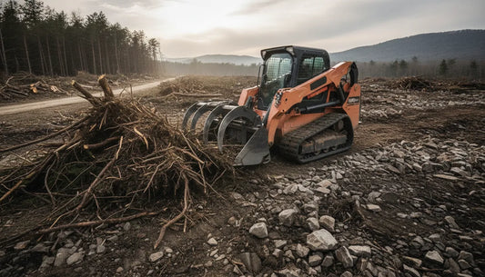 Skid steer root grapple vs rock grapple material handling comparison