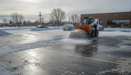 Skid steer salt spreader working in a winter parking lot