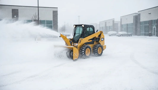 Skid steer loader with a heavy-duty snow blower attachment clearing a snow-covered parking lot