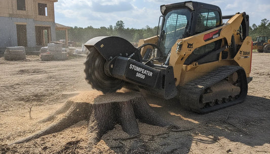 Skid steer loader with stump grinder attachment grinding a tree stump on a construction job site