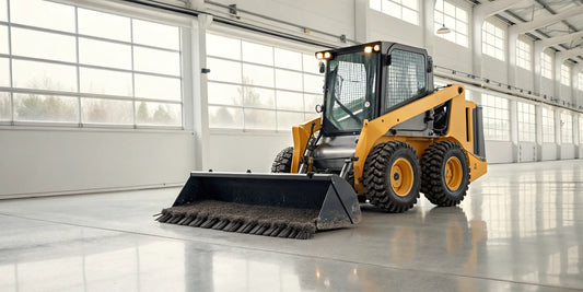 Skid steer with a sweeper attachment for sale.