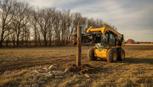 Skid steer tree fence post puller attachment removing a wooden fence post