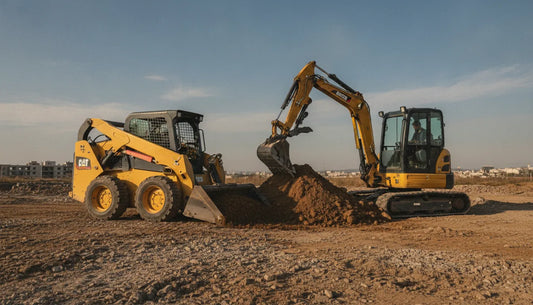 Side-by-side comparison of a skid steer loader and a mini excavator on a construction site