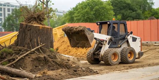 A skid steer uses a quick attach stump bucket to dig out a large tree stump.
