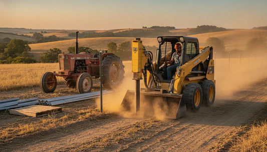 Skid steer with a hydraulic t-post driver attachment driving a steel fence post on a farm