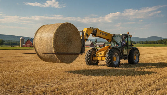 Telehandler carrying a round hay bale with a telehandler bale spear