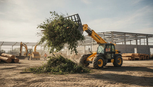 Telehandler grapple attachment moving brush and logs