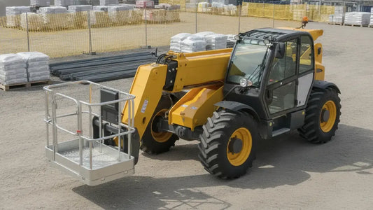 Telehandler fitted with a guarded man basket on a level construction site