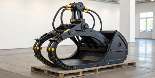 A heavy-duty hydraulic log grapple for sale, an essential attachment for forestry.