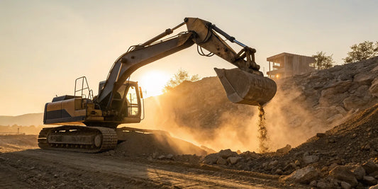 An excavator using a hydraulic thumb attachment to grip and move large rocks.