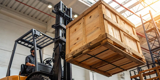 Forklift using a jib attachment to lift a large wooden crate in a warehouse.