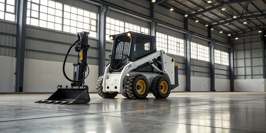 Skid steer with a breaker hammer attachment used for concrete demolition and excavation.