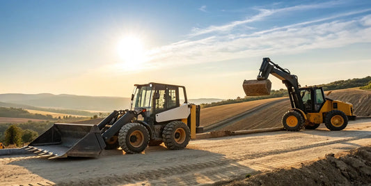 A telehandler and skid steer on a job site with a telehandler to skid steer adapter.