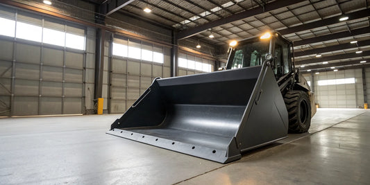 A heavy-duty 84'' steel skid steer bucket attached to a loader.