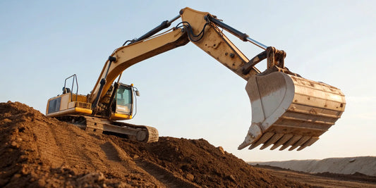 An excavator using a grading bucket to level soil on a construction site.