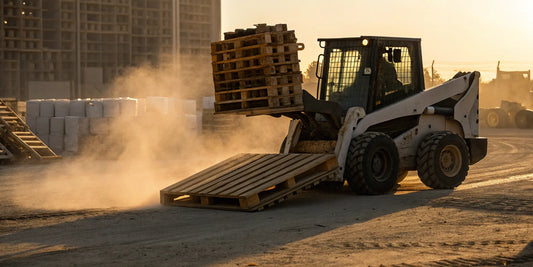 Heavy duty pallet forks on a skid steer lifting stacked pallets.