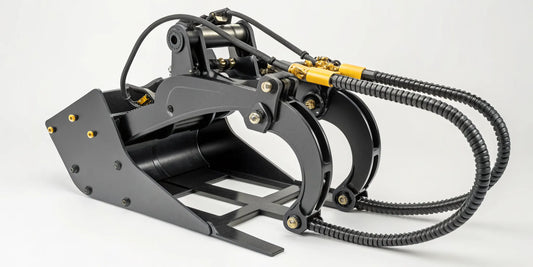 A rotating log grapple attachment for a skid steer or excavator, designed for efficient log handling.
