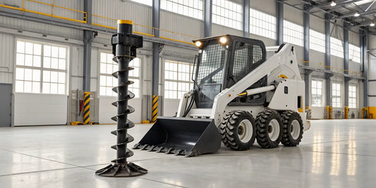 A skid steer auger for sale, attached to a loader in a warehouse.